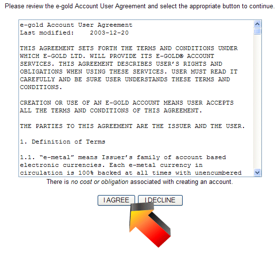 Image of e-gold Account User Agreement page