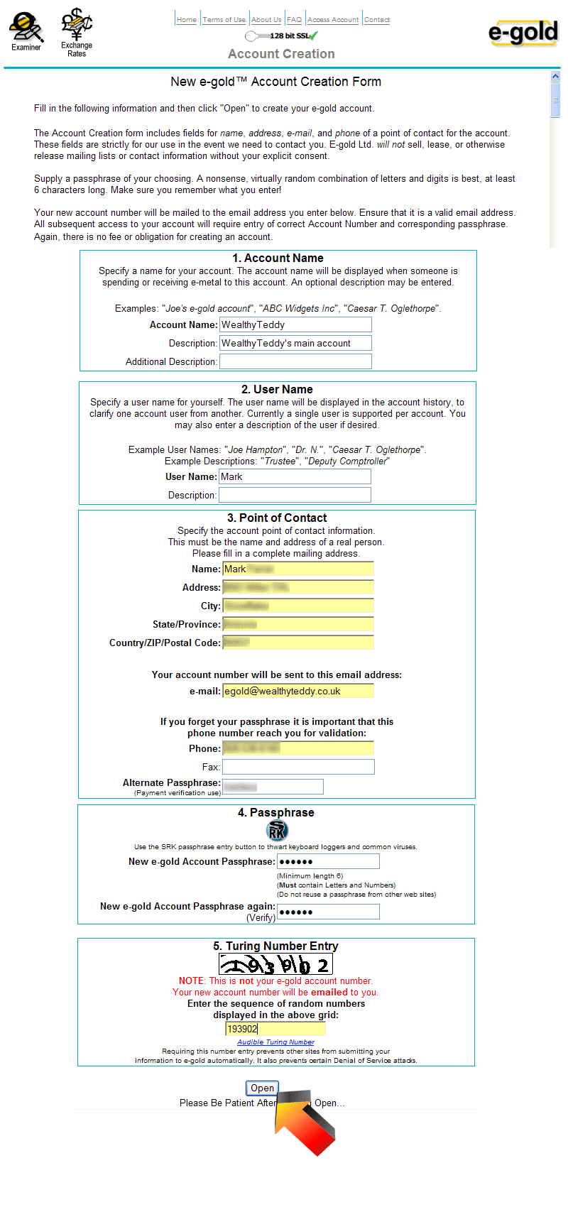 Image of e-gold Account Creation Form page